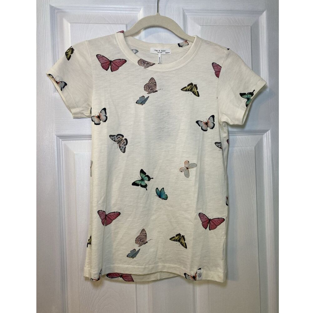 rag & bone Ozzy Butterfly Print Ivory Tee Women XXS Pima Cotton NWT Retail $138